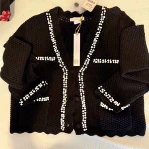 House of Harlow Black Cardigan with White Pearl Trim